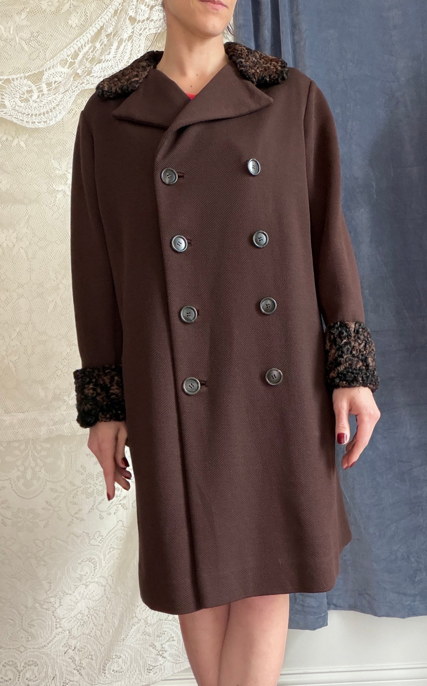 Vintage 1970s Chocolate Brown Double Breasted Coat Persian Curly Lamb Fur Trim