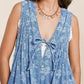 Veveret Floral Front Tie Denim Romper in Blue Floral (M)