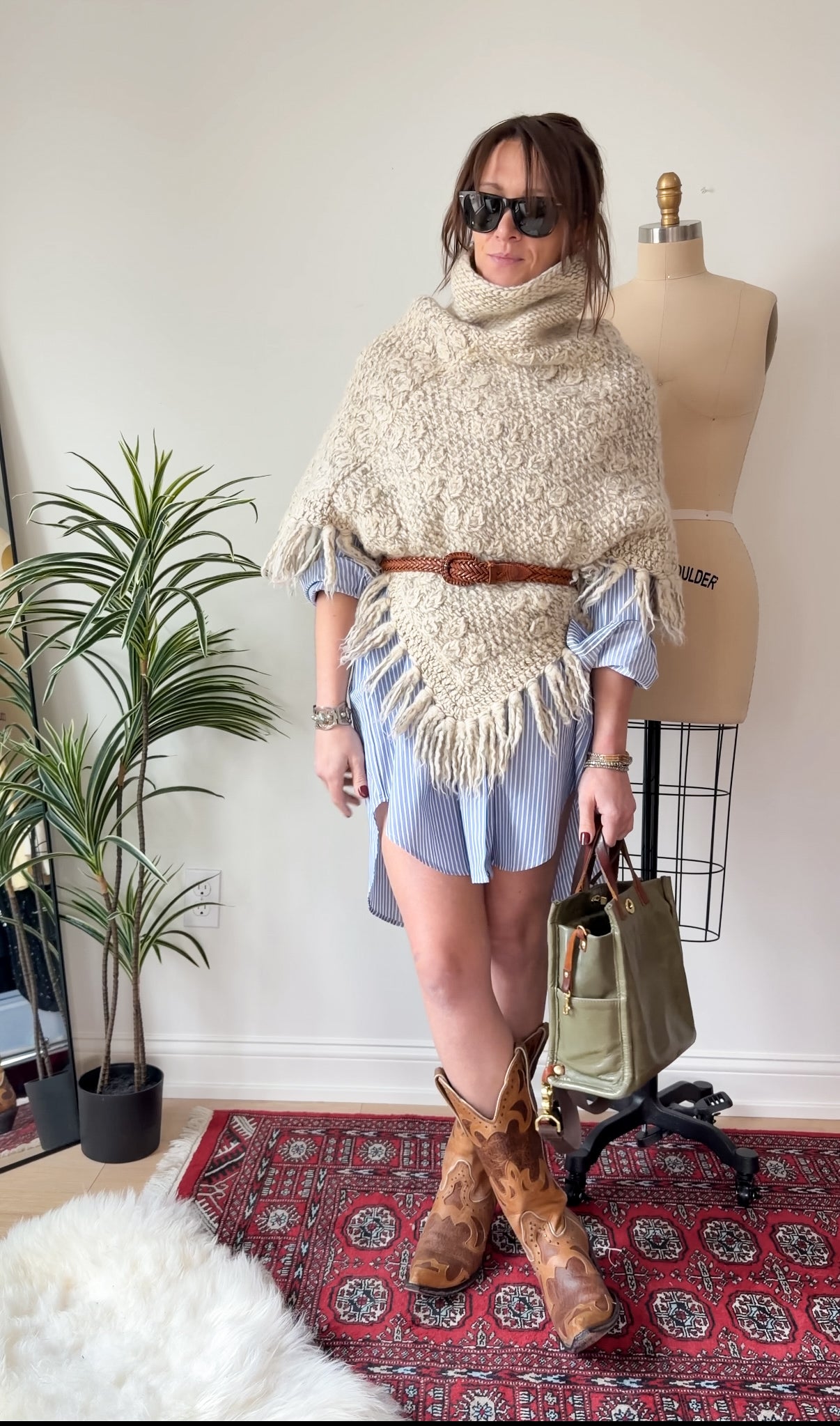 Vintage 60s Gray Ivory Heavy Wool Poncho Cape Sweater