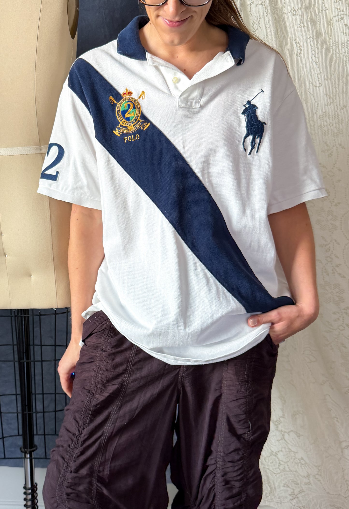 Polo Ralph Lauren Big Pony #2 Sash Polo Shirt White Navy (men's XL)