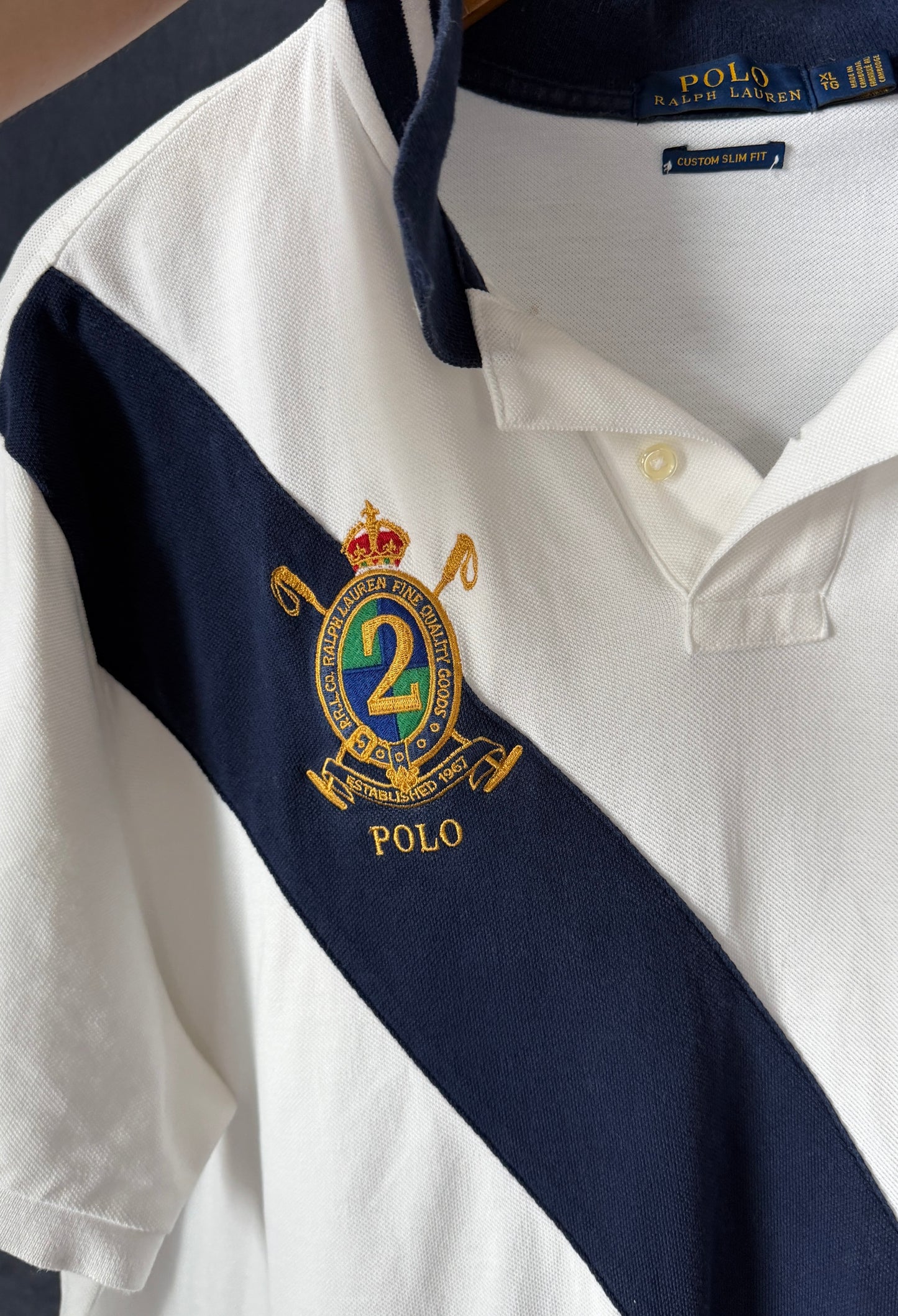 Polo Ralph Lauren Big Pony #2 Sash Polo Shirt White Navy (men's XL)
