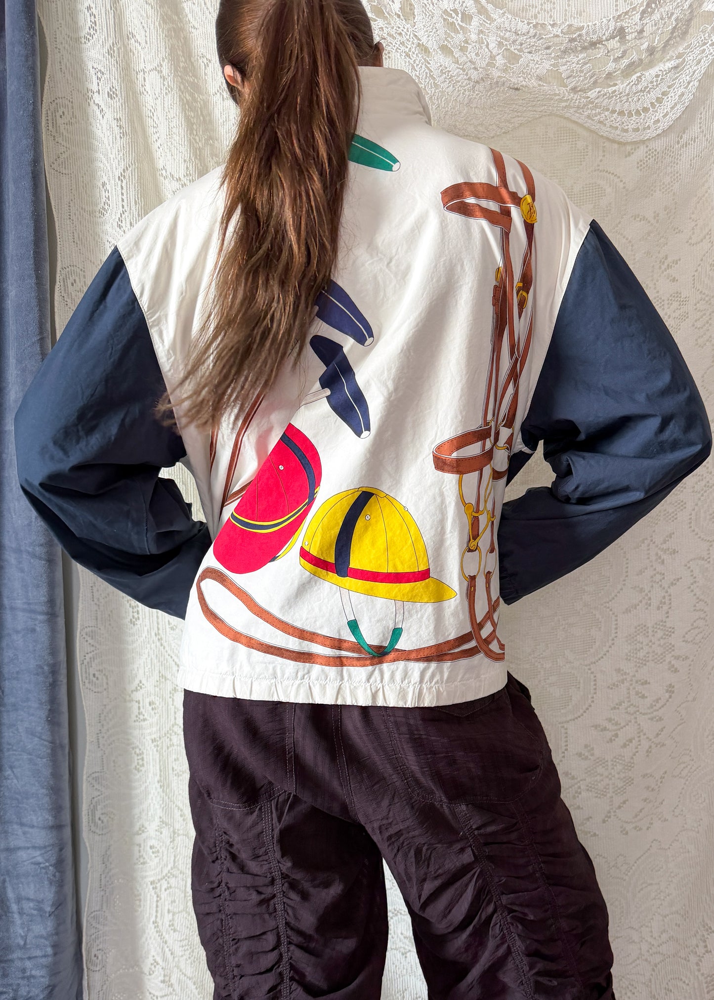 RARE Vintage Ralph Lauren Equestrian Jacket White Navy Polo Horse Tack Print Graphic