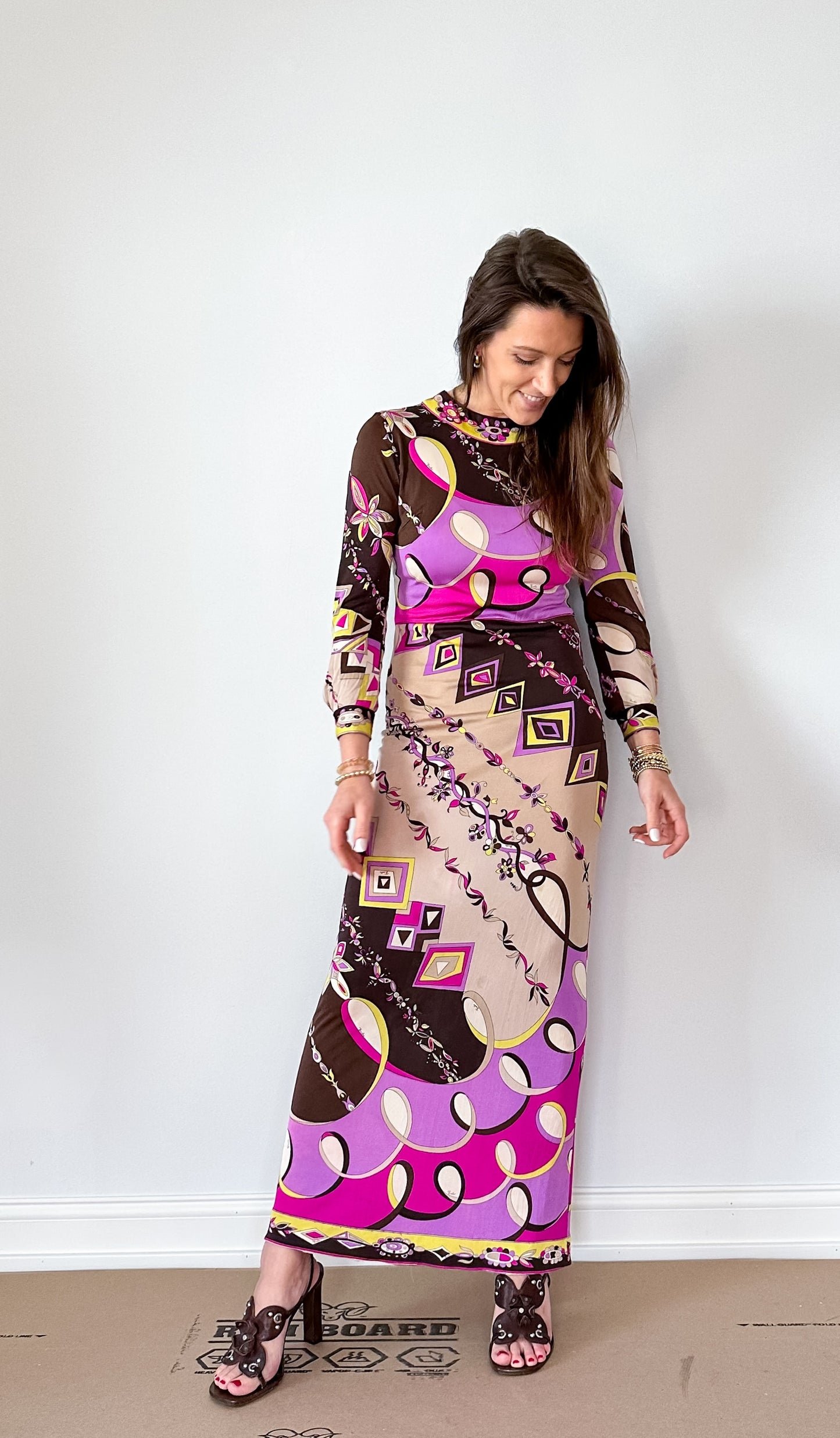 Vintage 60s Emilio Pucci Silk Purple Brown Pink Abstract Maxi Dress