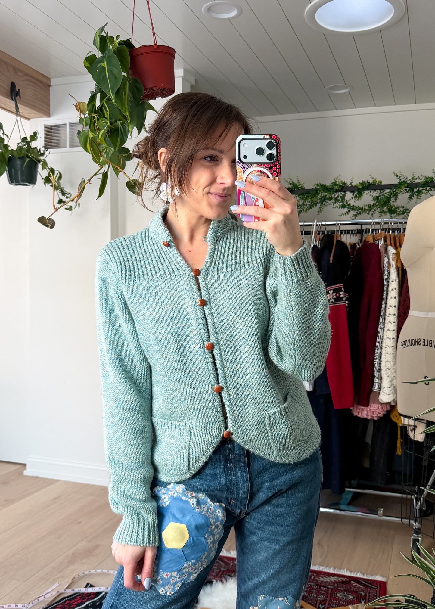 Vintage 80s Diane von Furstenberg Leather Button Aqua Blue Cardigan (M)