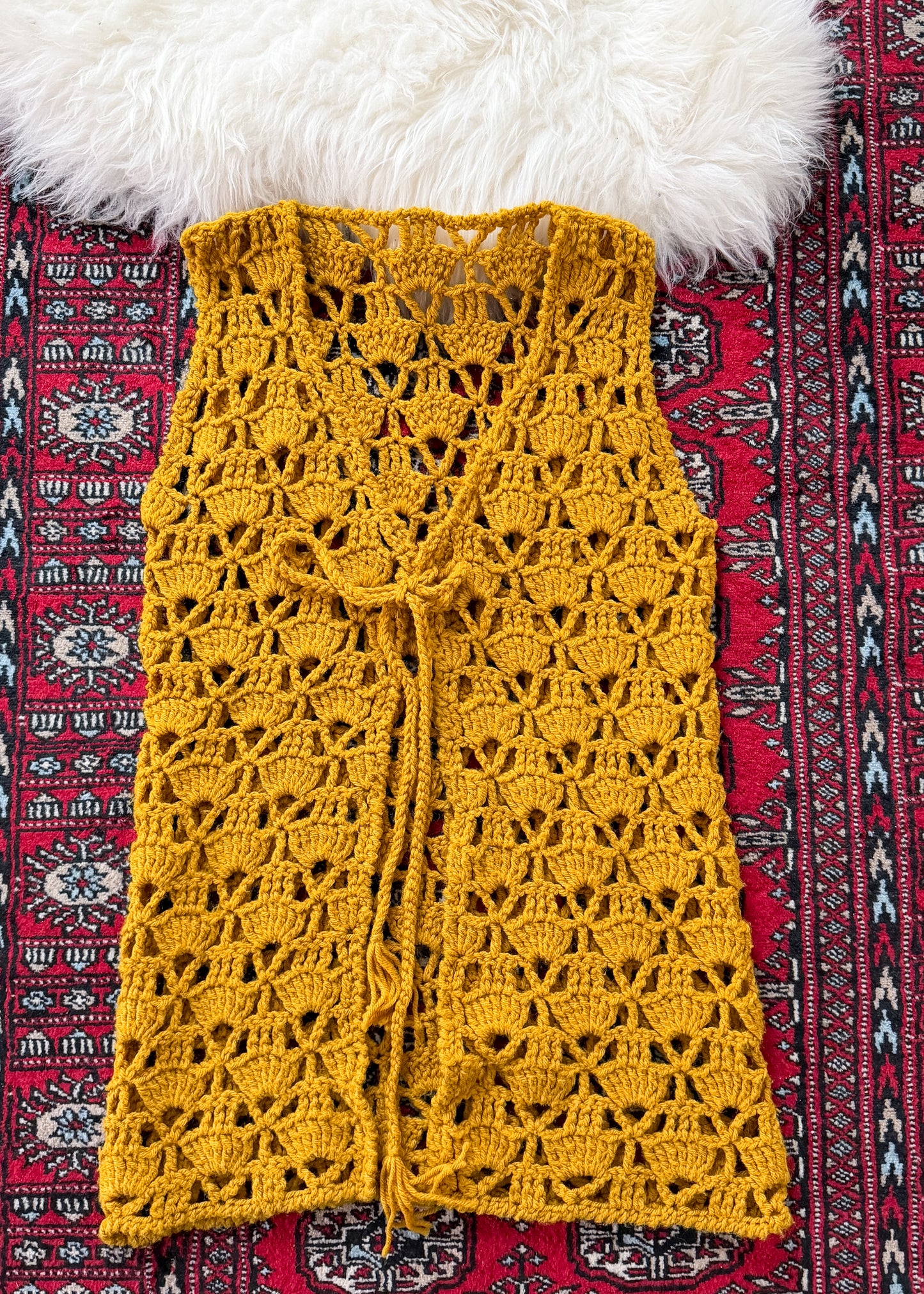 Vintage Golden Yellow Hand Crochet Tie Front Vest Top (one size)