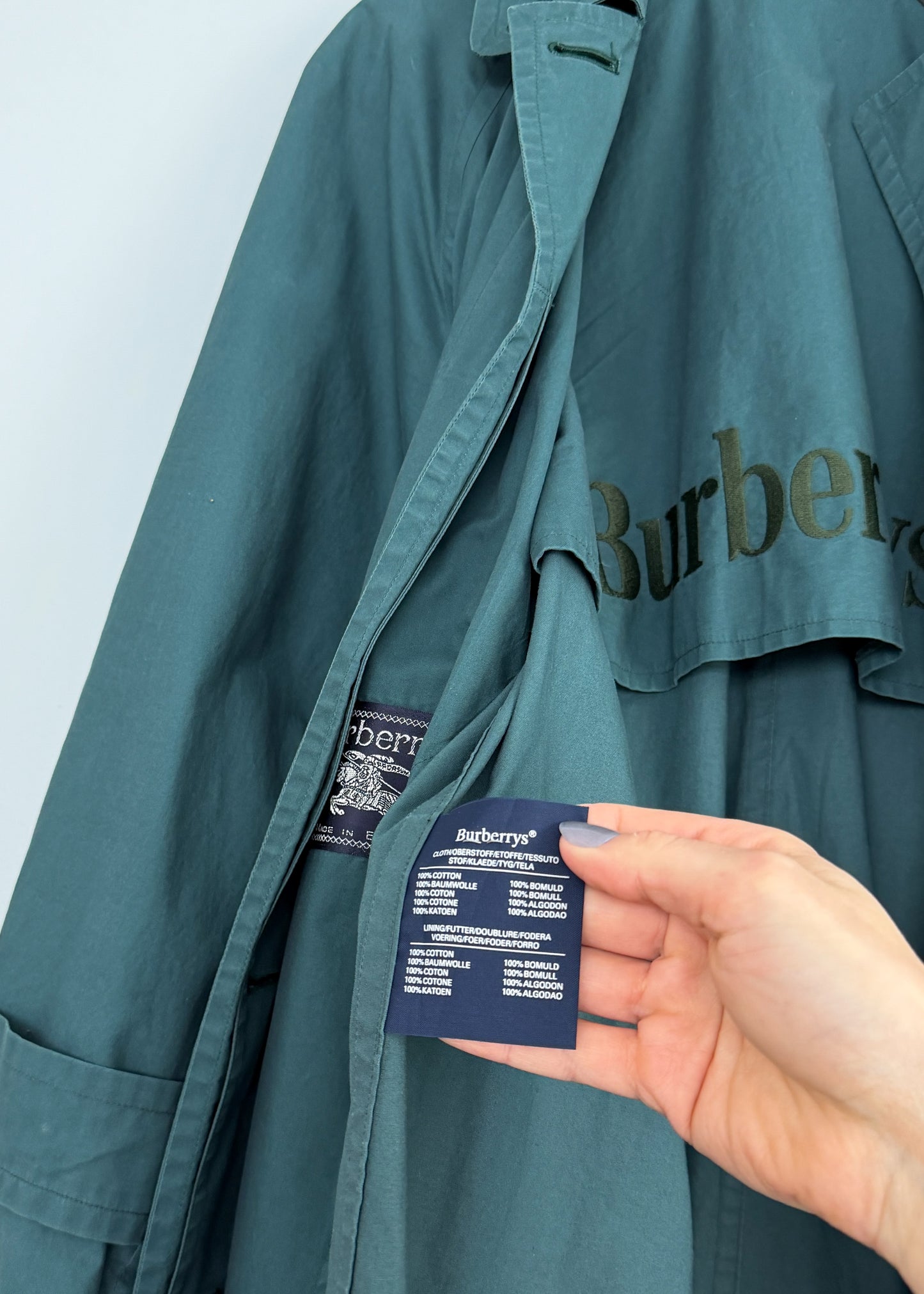 Vintage 90s Burberrys Dark Muted Teal Green Cotton Trench Coat