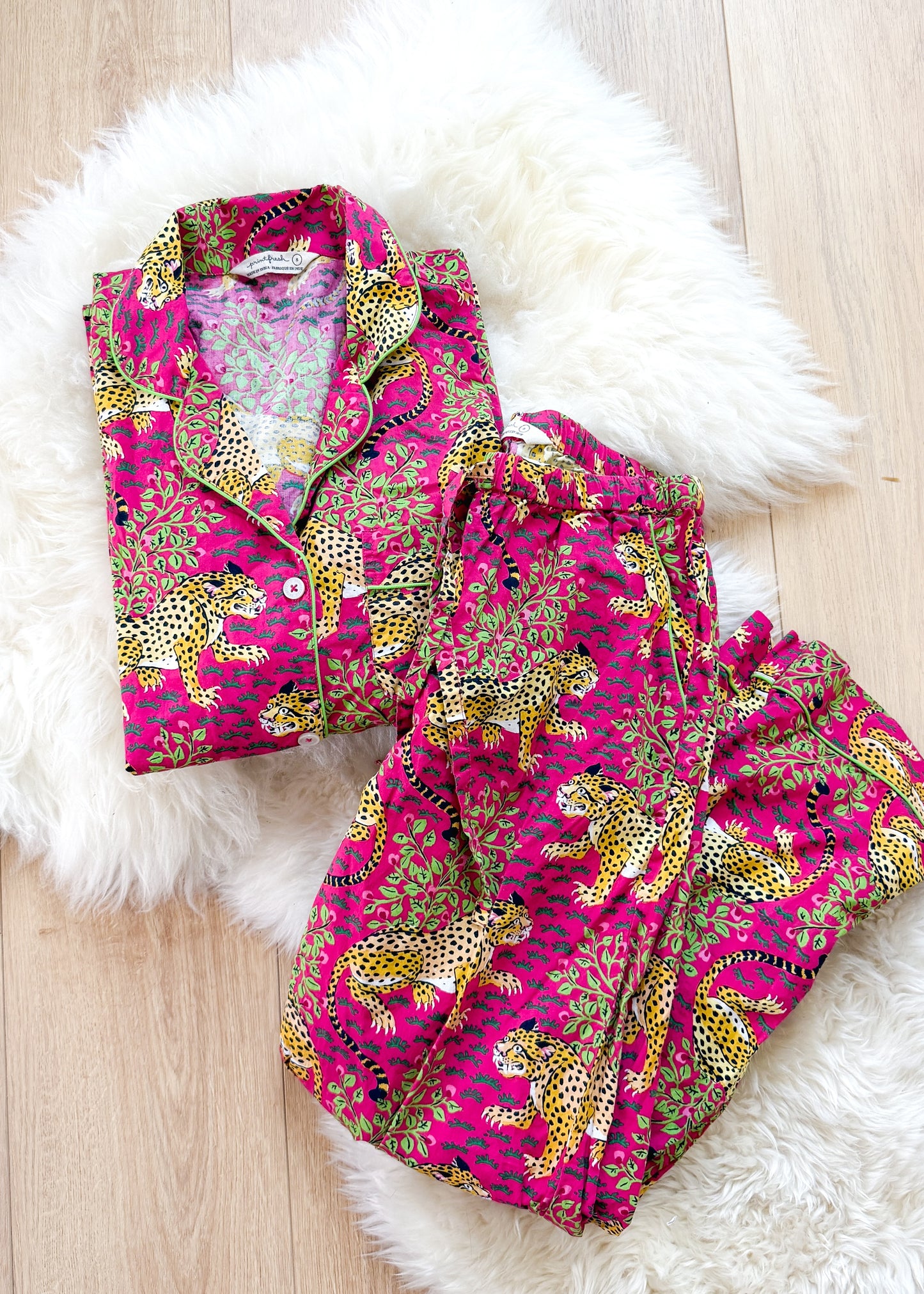 Printfresh Pink Bagheera Long Sleeve & Pants Organic Cotton Pajama Set (S)