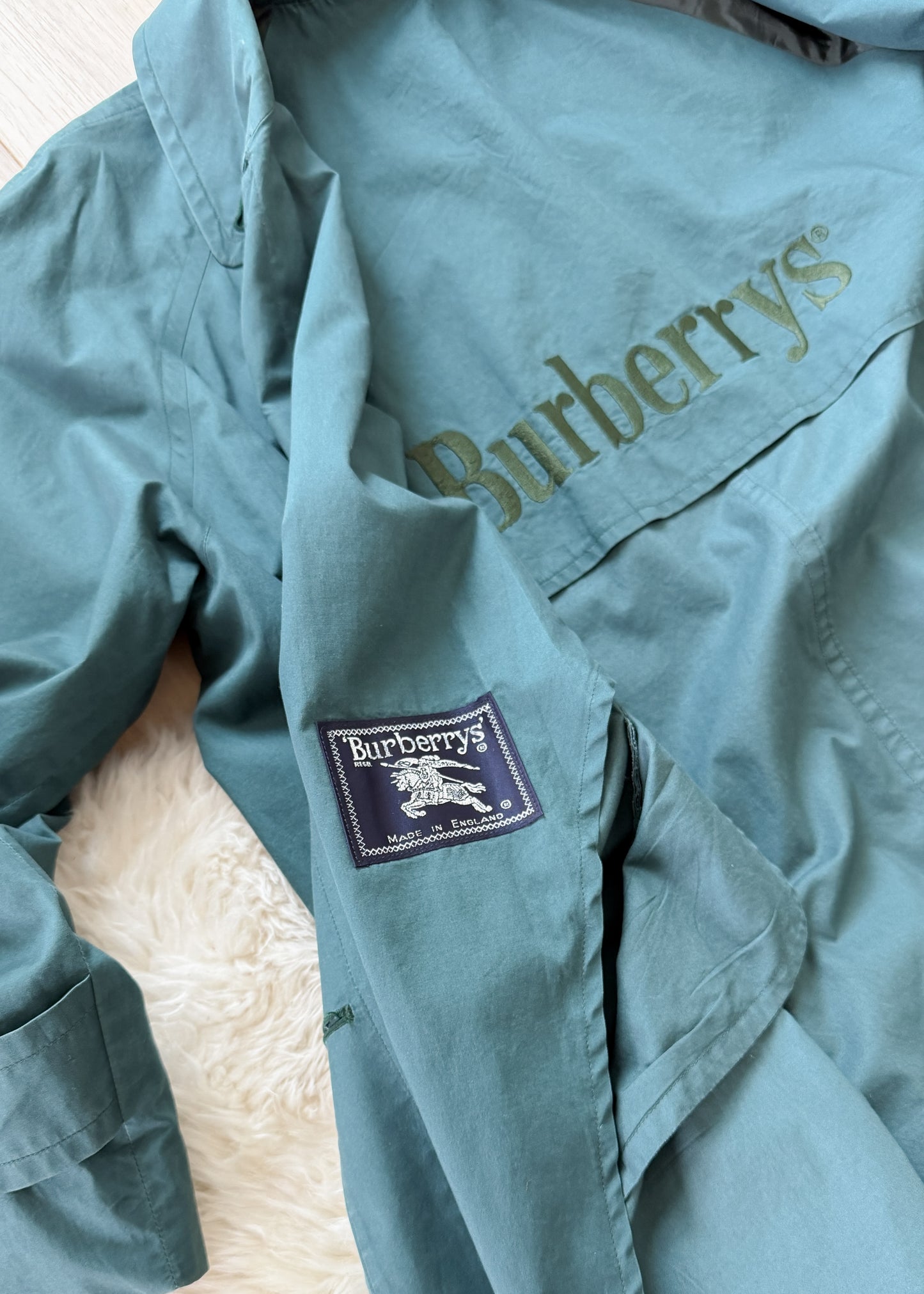 Vintage 90s Burberrys Dark Muted Teal Green Cotton Trench Coat