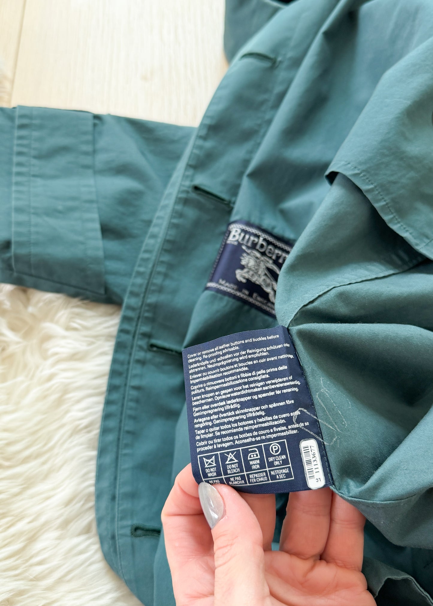 Vintage 90s Burberrys Dark Muted Teal Green Cotton Trench Coat