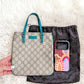 *Rare* Vintage Gucci GG Supreme Mini Handbag PVC Leather Beige Teal Turquoise Blue Trim Purse