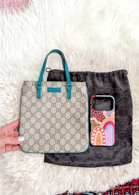 *Rare* Vintage Gucci GG Supreme Mini Handbag PVC Leather Beige Teal Turquoise Blue Trim Purse