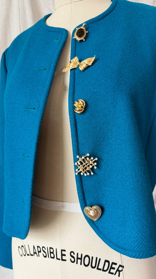 Vintage Pendleton Teal Wool Cropped Jacket Upcycled Brooches (M)