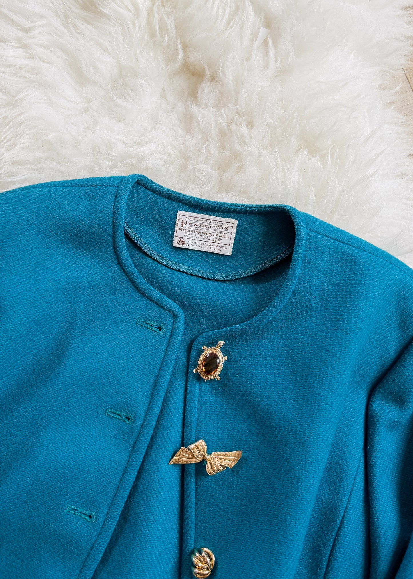 Vintage Pendleton Teal Wool Cropped Jacket Upcycled Brooches (M)