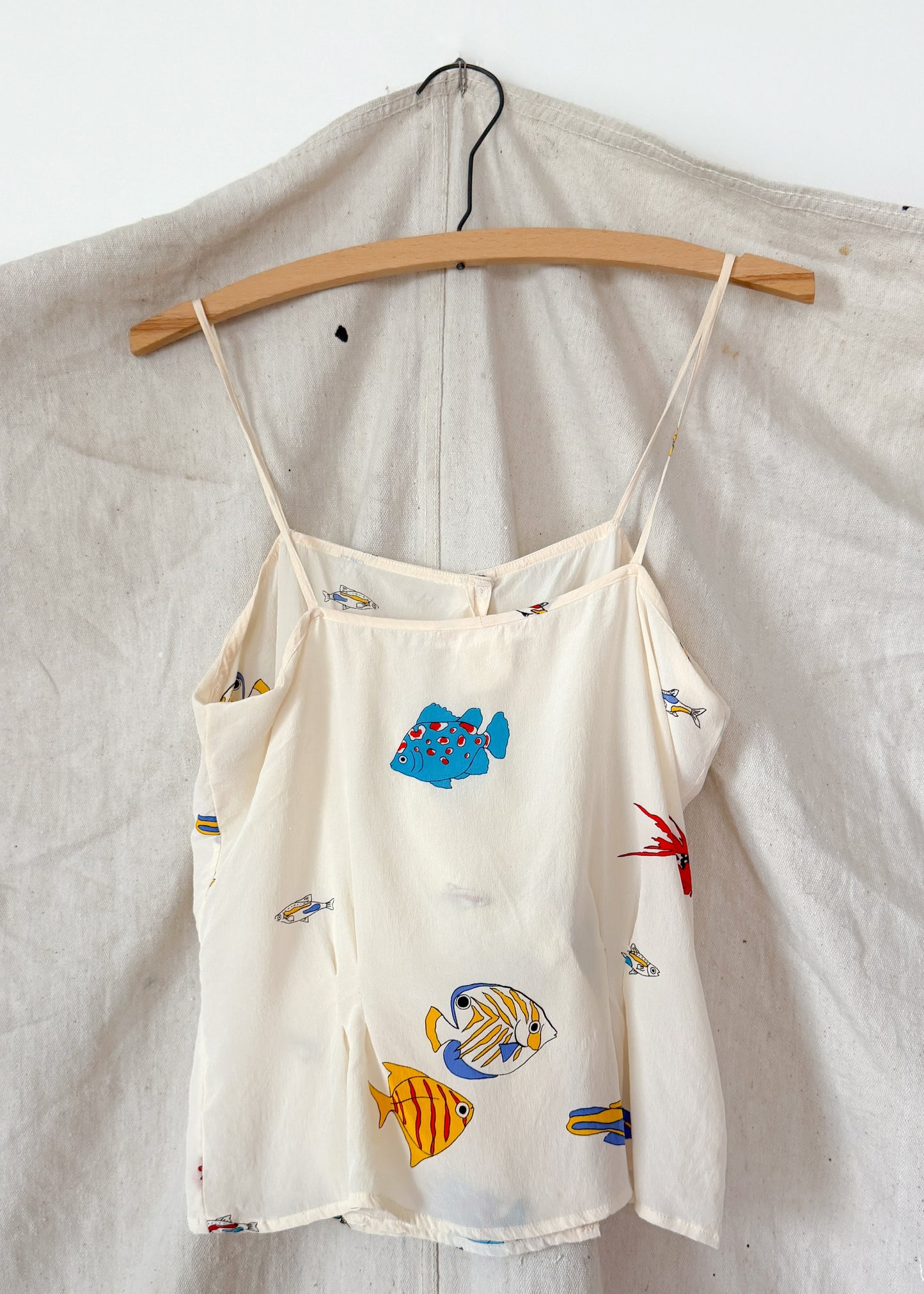 Vintage 80s Jack Mulqueen Cream Silk Fish Print Top Skirt Set