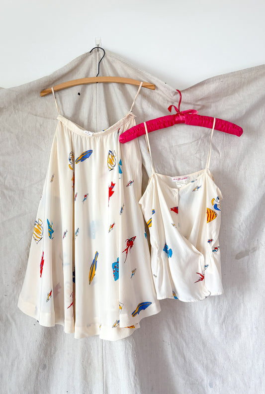 Vintage 80s Jack Mulqueen Cream Silk Fish Print Top Skirt Set