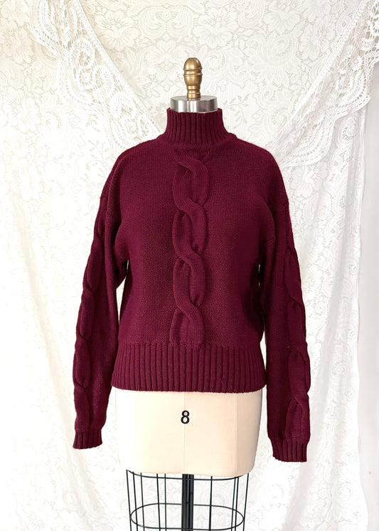 Vintage 80s Christian Dior Separates Burgundy Wool Cable Knit Turtleneck