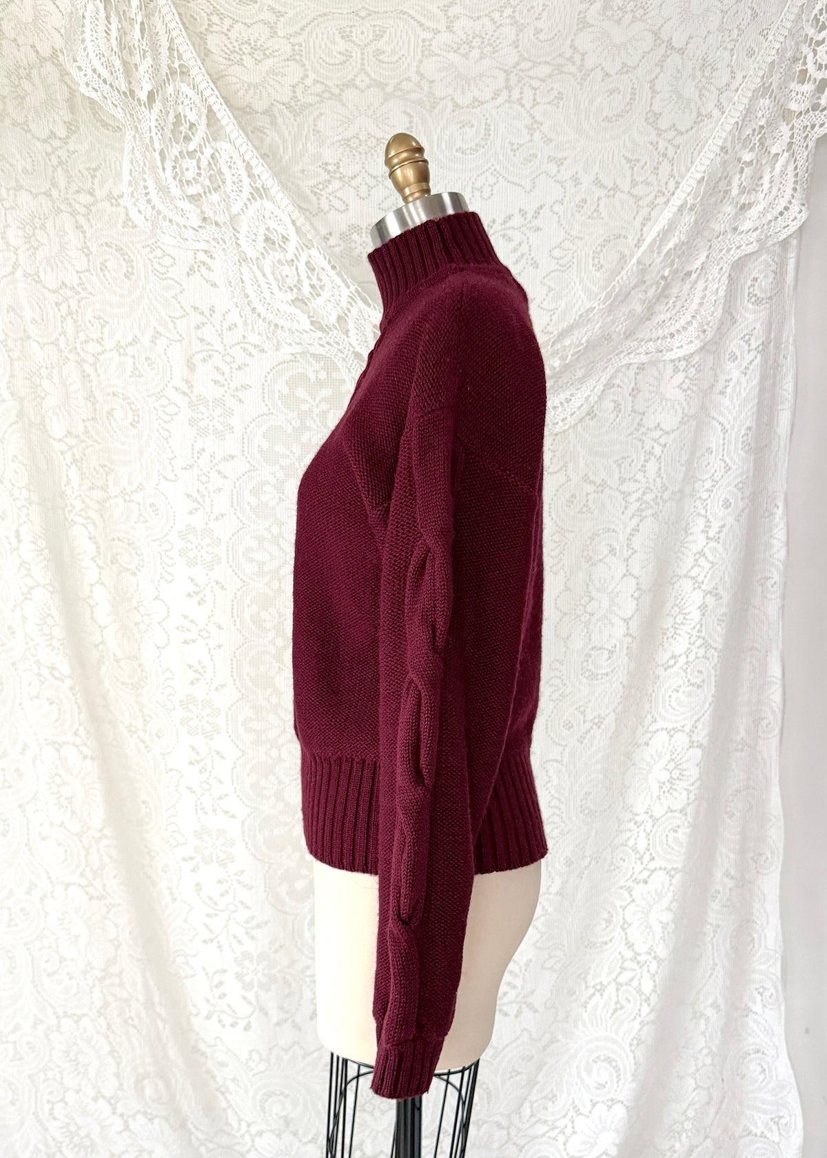 Vintage 80s Christian Dior Separates Burgundy Wool Cable Knit Turtleneck