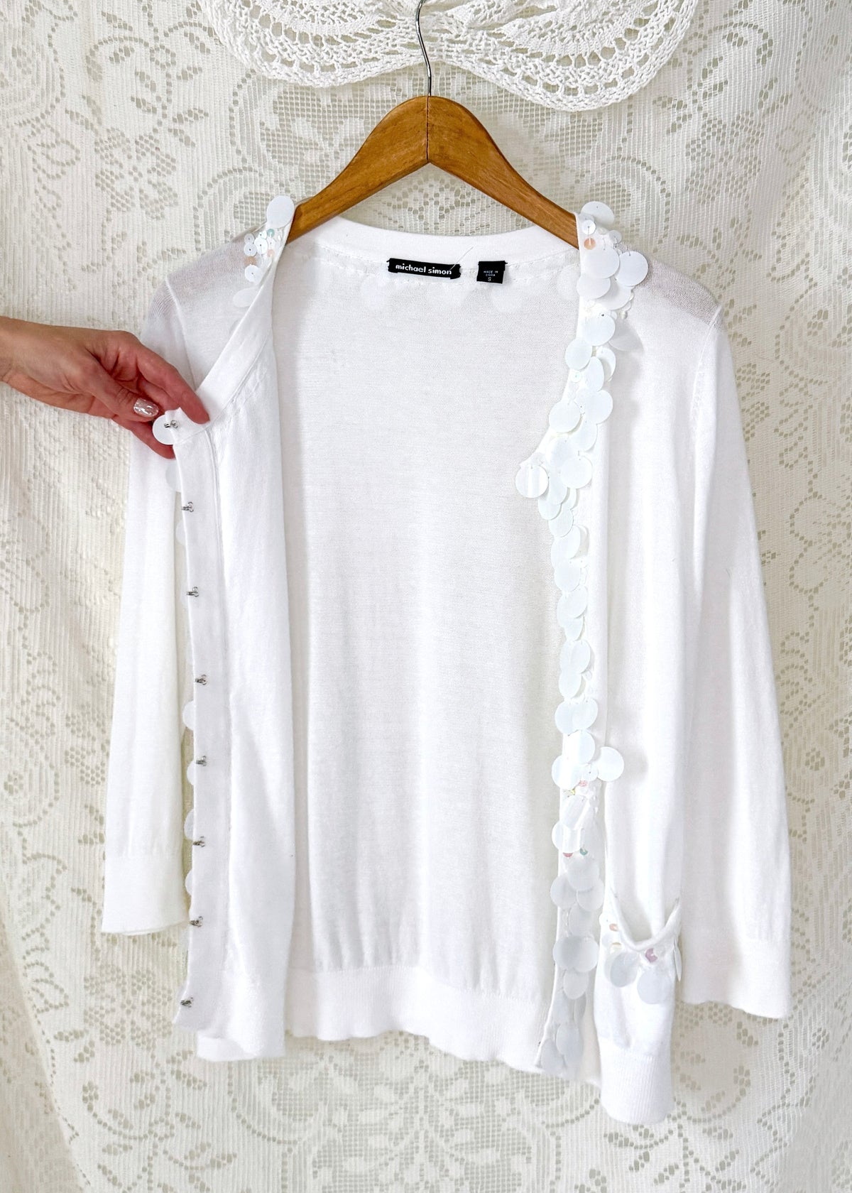 Michael Simon White Sequin Disc Embellished Cardigan (S)