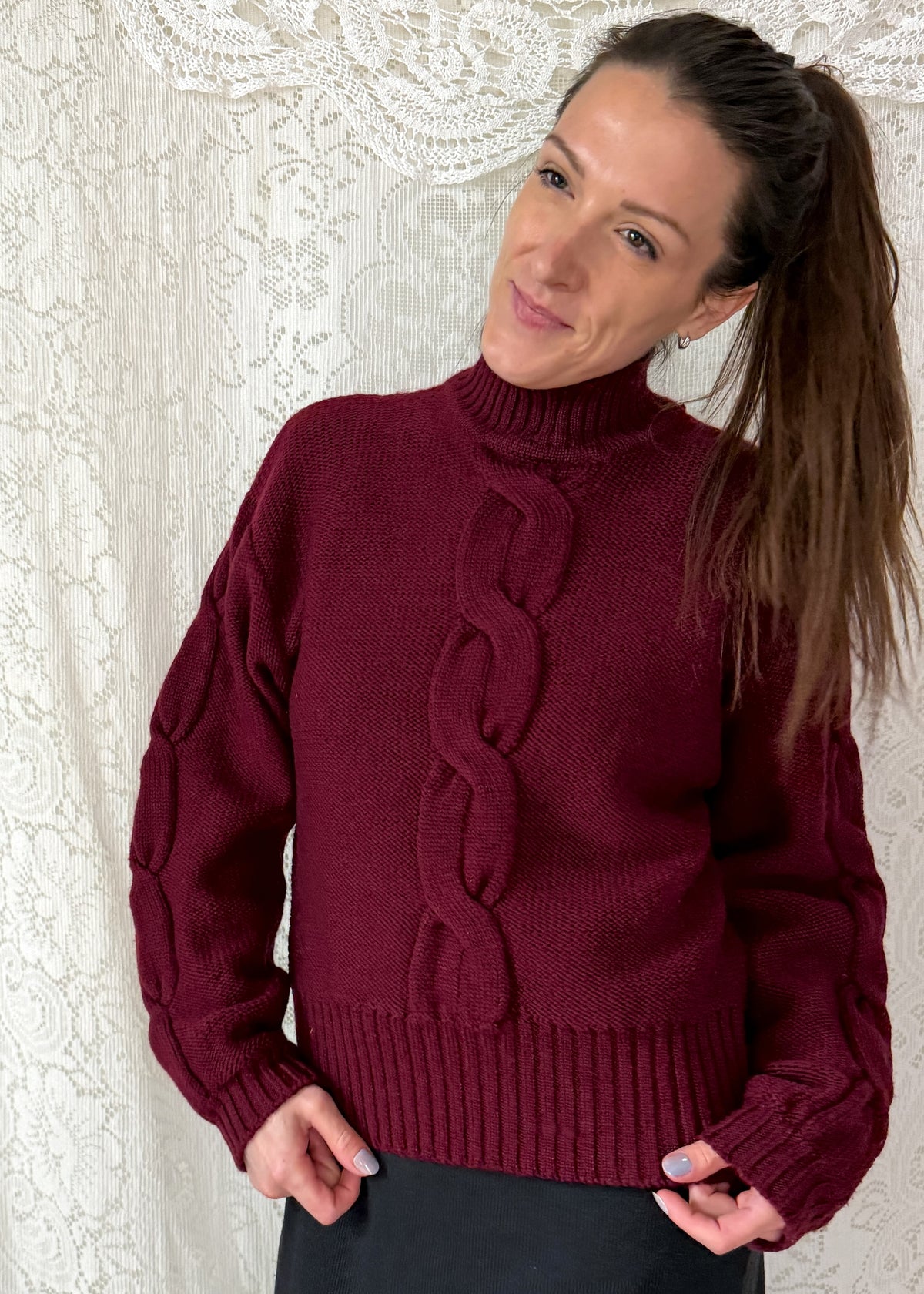 Vintage 80s Christian Dior Separates Burgundy Wool Cable Knit Turtleneck