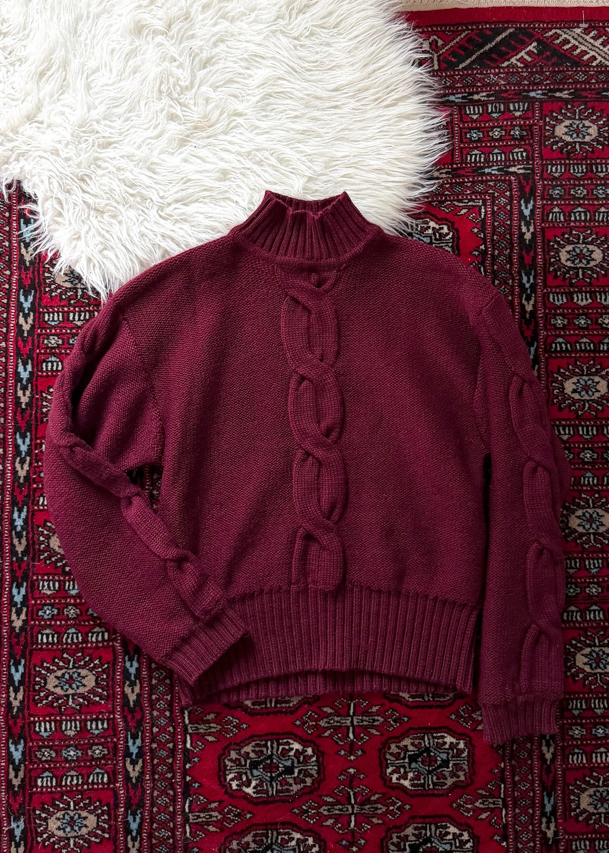 Vintage 80s Christian Dior Separates Burgundy Wool Cable Knit Turtleneck
