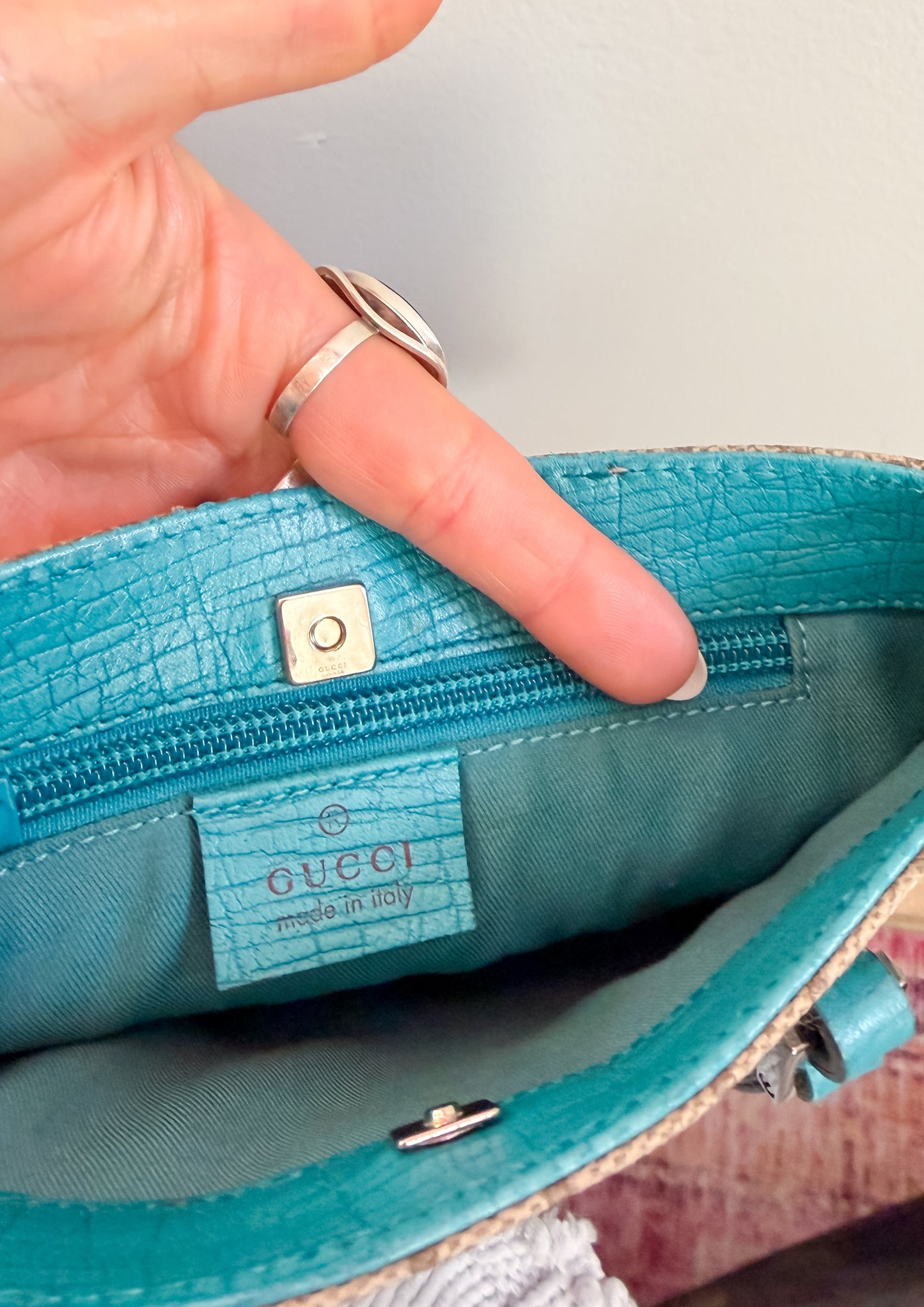 *Rare* Vintage Gucci GG Supreme Mini Handbag PVC Leather Beige Teal Turquoise Blue Trim Purse
