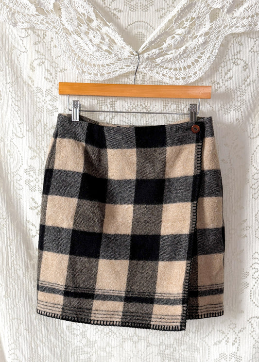 Vintage Ralph Lauren Country Tan & Black Wool Wrap Mini Skirt