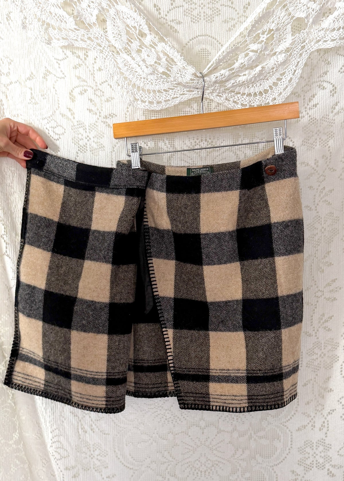 Vintage Ralph Lauren Country Tan & Black Wool Wrap Mini Skirt
