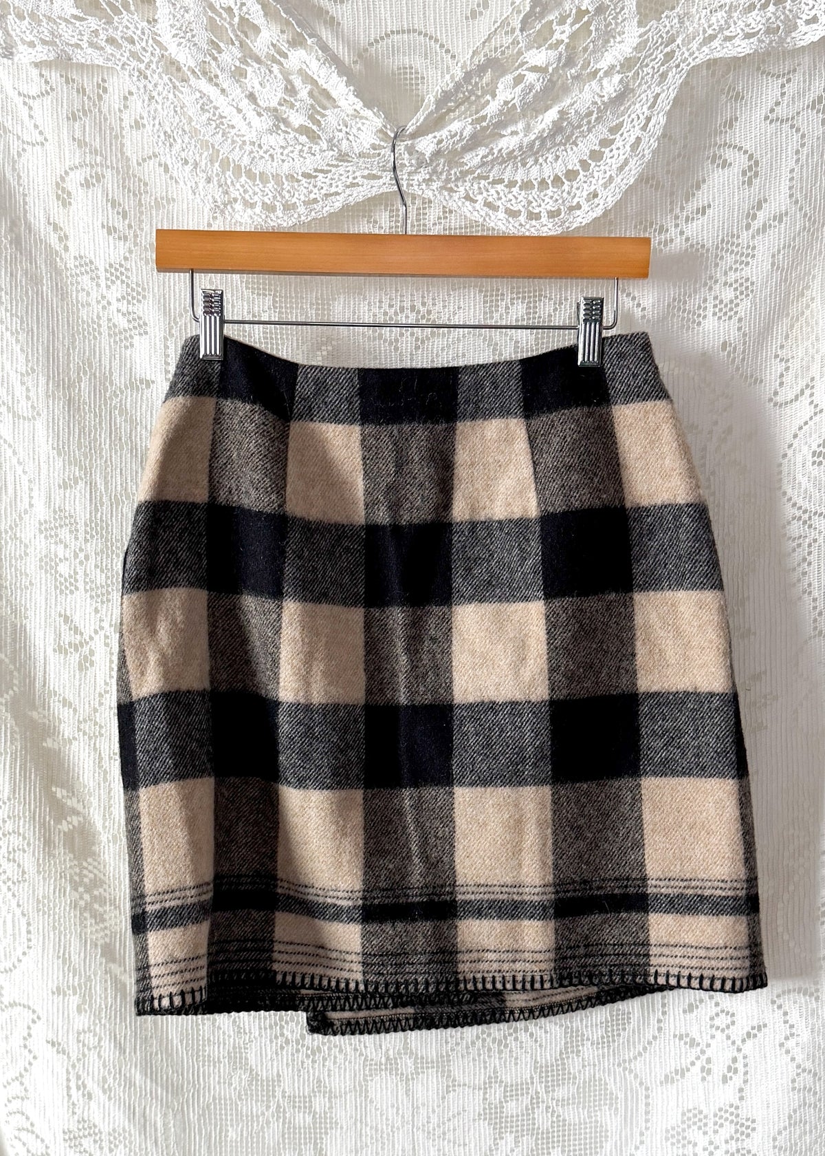 Vintage Ralph Lauren Country Tan & Black Wool Wrap Mini Skirt