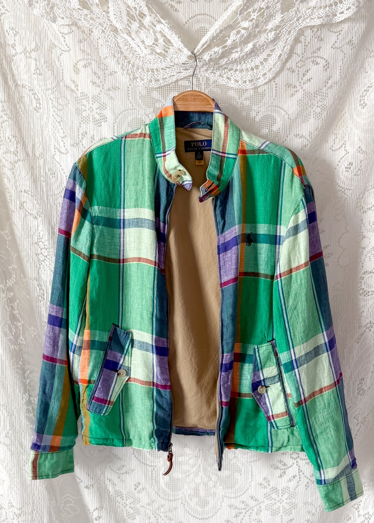Polo Ralph Lauren Green Madras Plaid Linen Harrington Jacket (M)