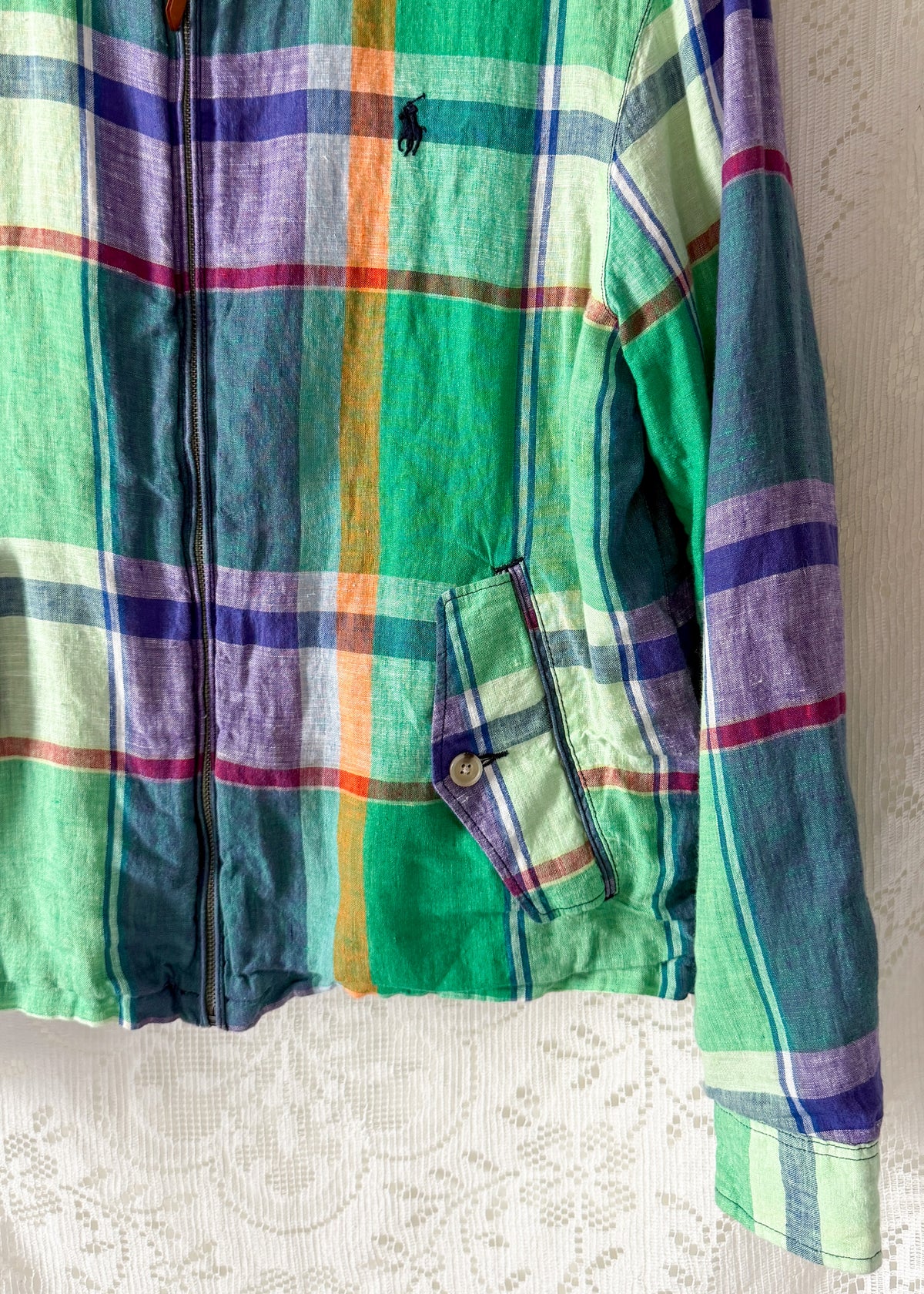 Polo Ralph Lauren Green Madras Plaid Linen Harrington Jacket (M)