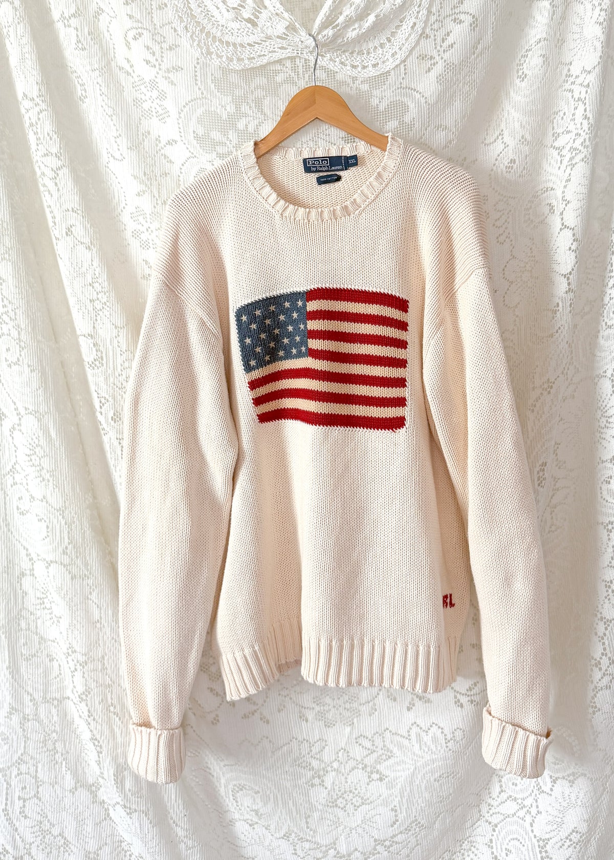 Vintage 90s Polo Ralph Lauren Cream American Flag 100% Cotton Crewneck Sweater