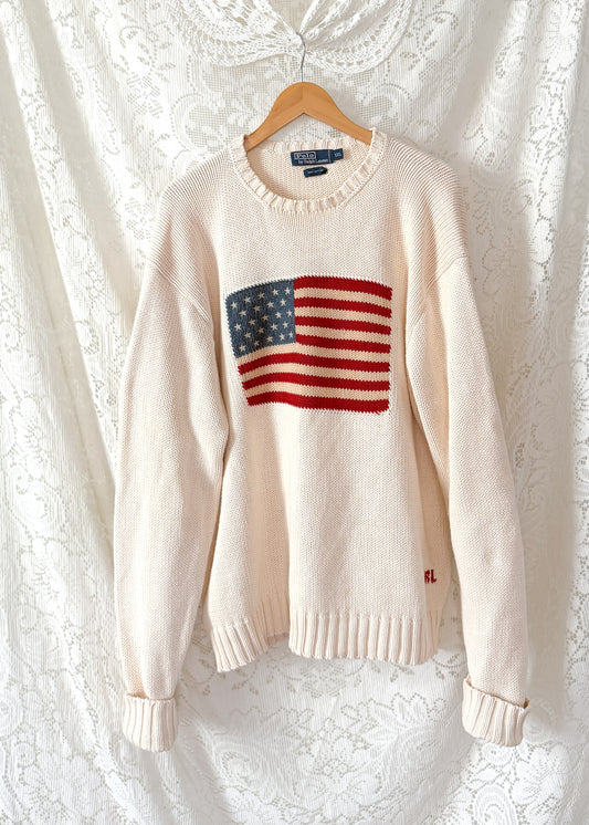 Vintage 90s Polo Ralph Lauren Cream American Flag 100% Cotton Crewneck Sweater