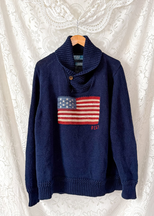 Polo Ralph Lauren RL67 American Flag Linen Cotton Shawl Collar Sweater Navy