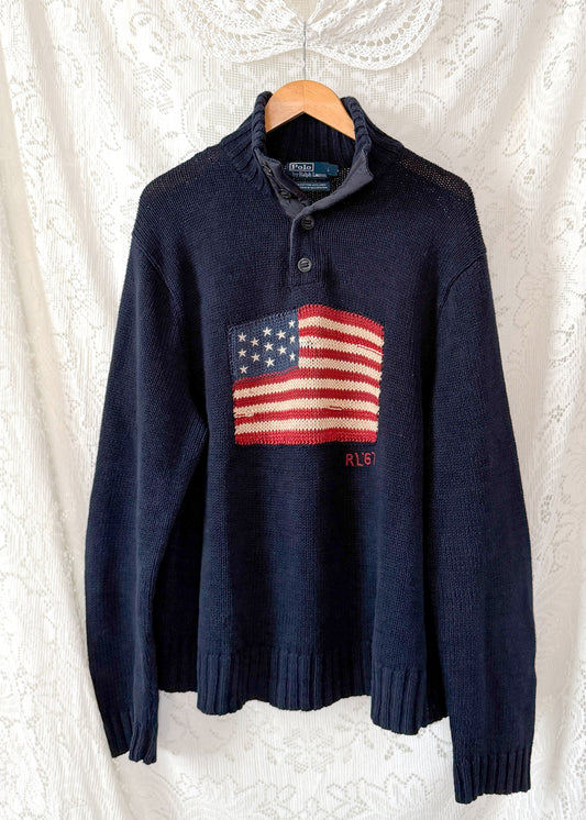 Vintage 00s Polo Ralph Lauren Navy RL67 American Flag Cotton Linen Mock Neck Button Sweater