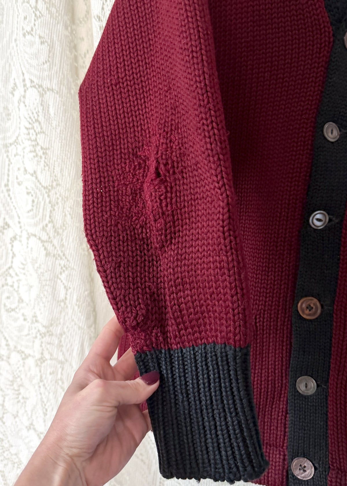 Vintage 30s / 40s Varsity Letterman Burgundy Black Wool Shawl Collar Cardigan Muskingum College University