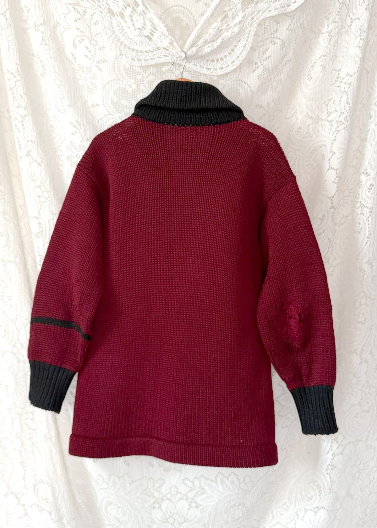 Vintage 30s / 40s Varsity Letterman Burgundy Black Wool Shawl Collar Cardigan Muskingum College University