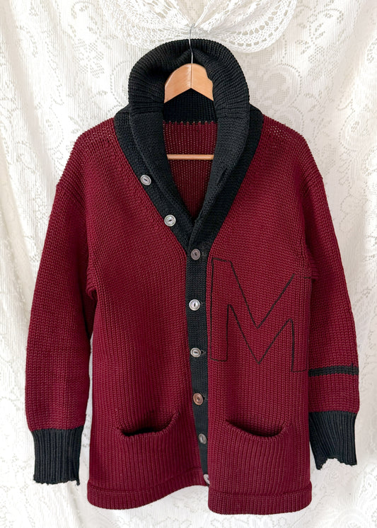 Vintage 30s / 40s Varsity Letterman Burgundy Black Wool Shawl Collar Cardigan Muskingum College University