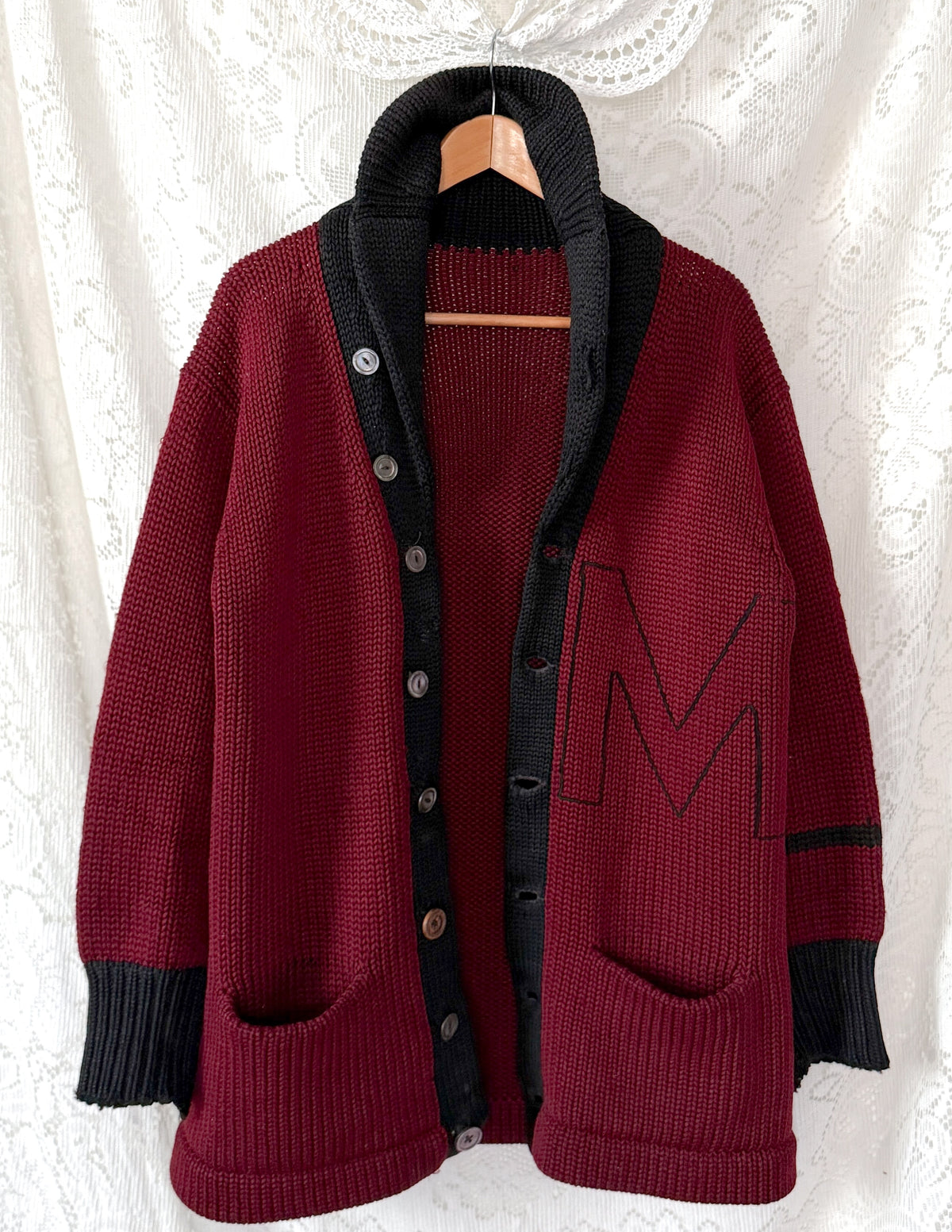 Vintage 30s / 40s Varsity Letterman Burgundy Black Wool Shawl Collar Cardigan Muskingum College University