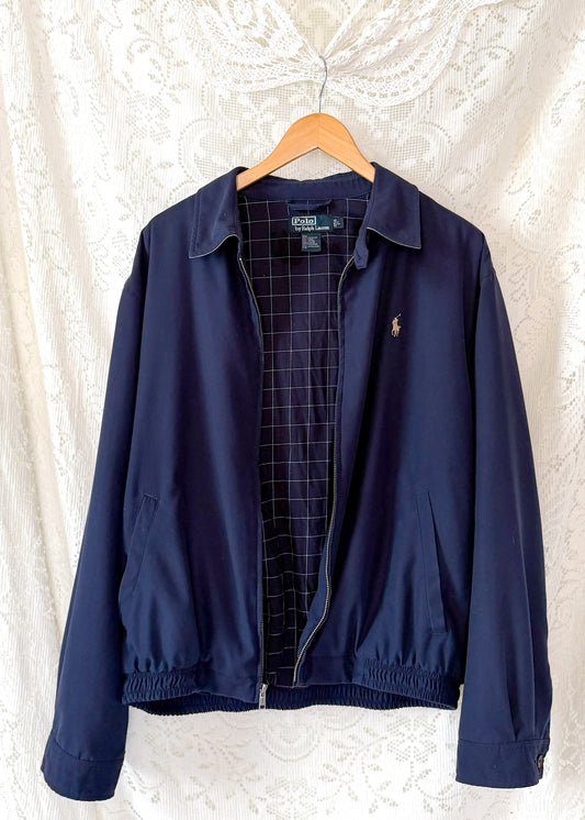 Vintage 90s Polo Ralph Lauren Classic Navy Harrington Jacket Windowpane Lining (L)