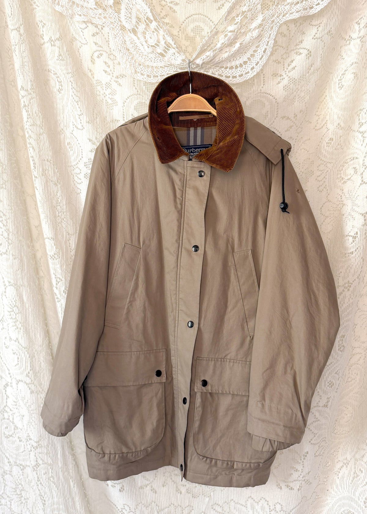 Vintage 90s Burberrys Taupe Khaki  Plaid Lined Field Coat with Hood Made in England