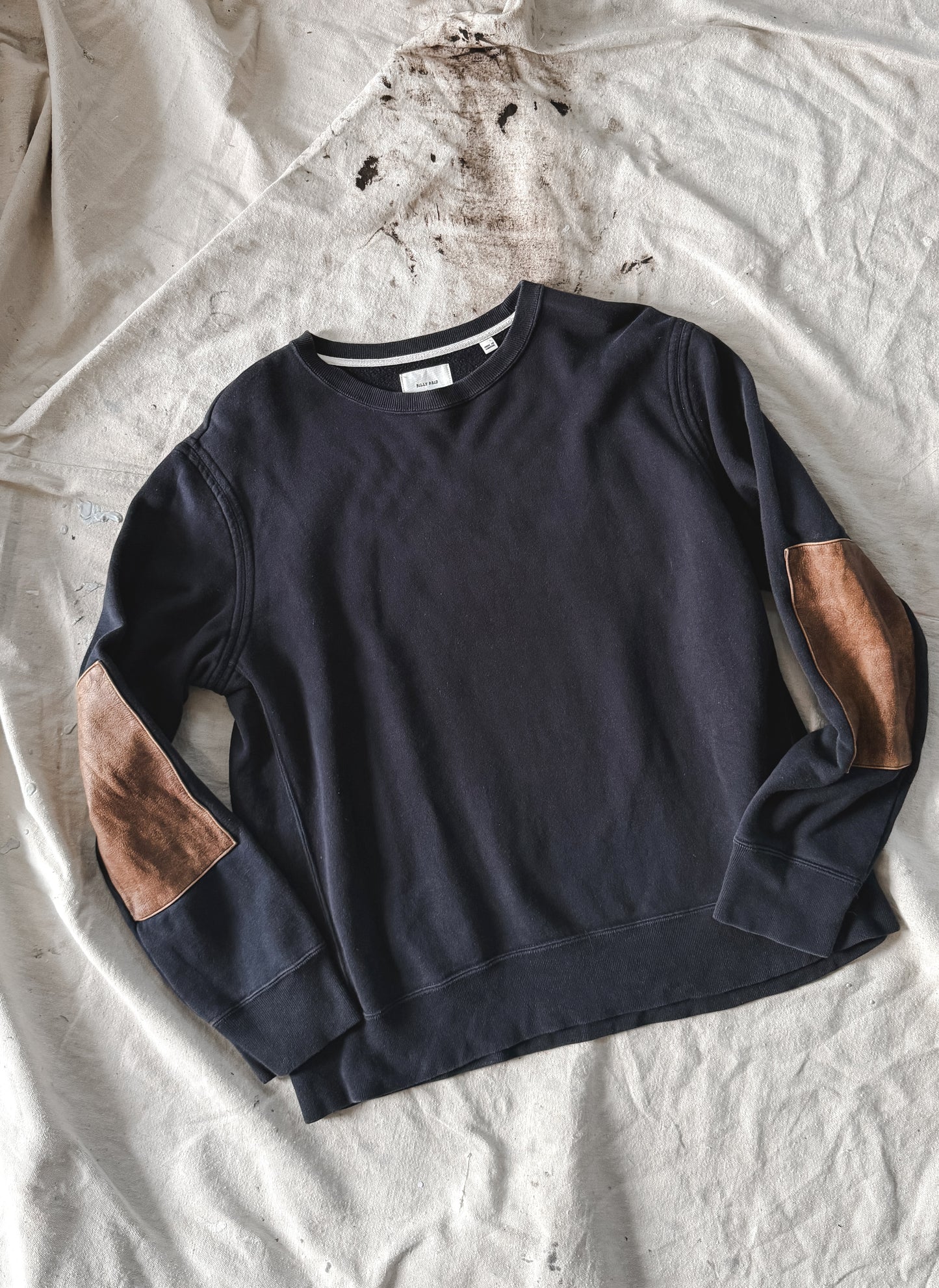 Billy Reid Dover Sweatshirt with Leather Elbow Patches in Dark Midnight (men's L)