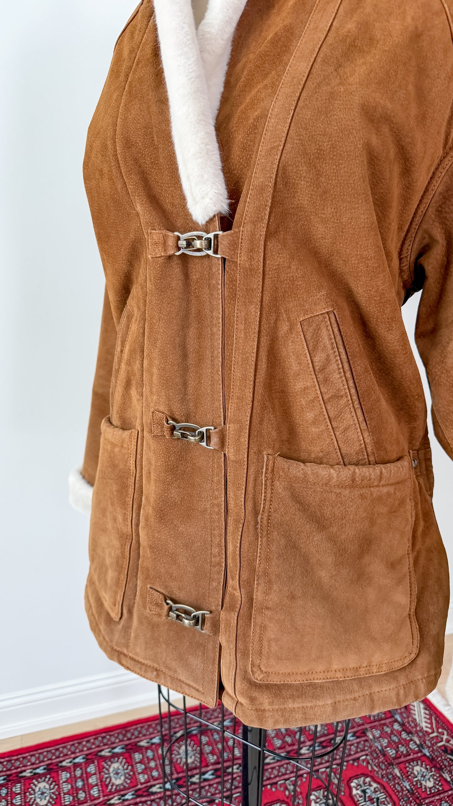 Vintage 90s Brown Suede Leather Faux Fur Lining Winter Coat (L)