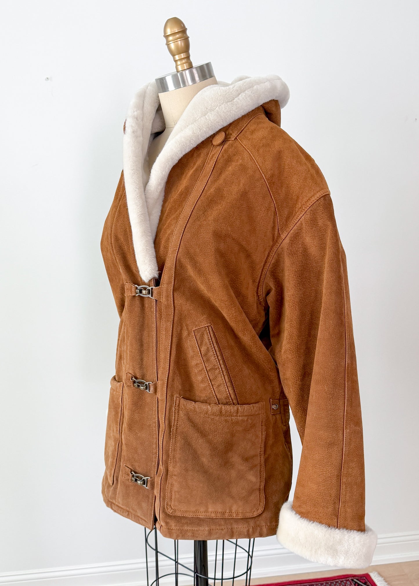 Vintage 90s Brown Suede Leather Faux Fur Lining Winter Coat (L)
