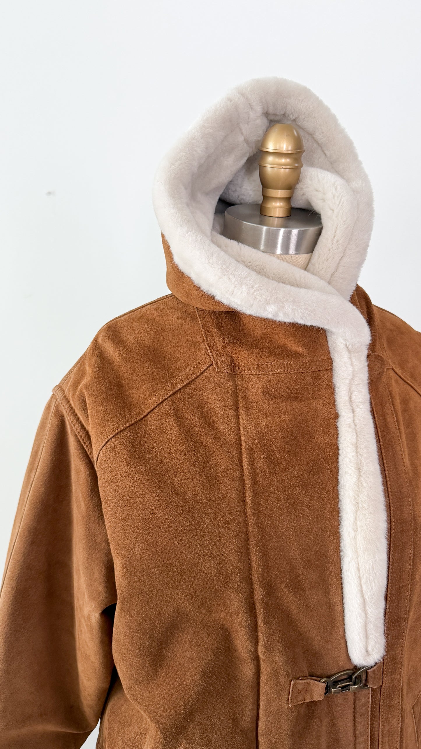 Vintage 90s Brown Suede Leather Faux Fur Lining Winter Coat (L)