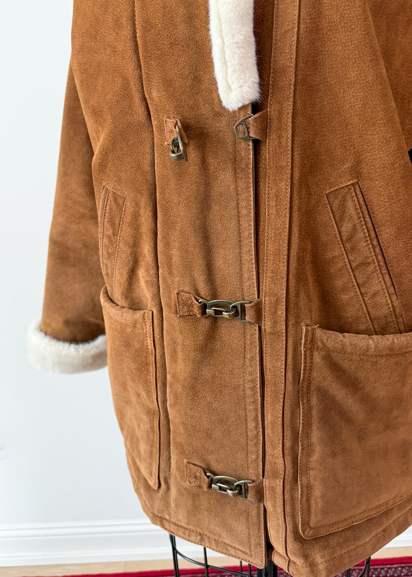Vintage 90s Brown Suede Leather Faux Fur Lining Winter Coat (L)