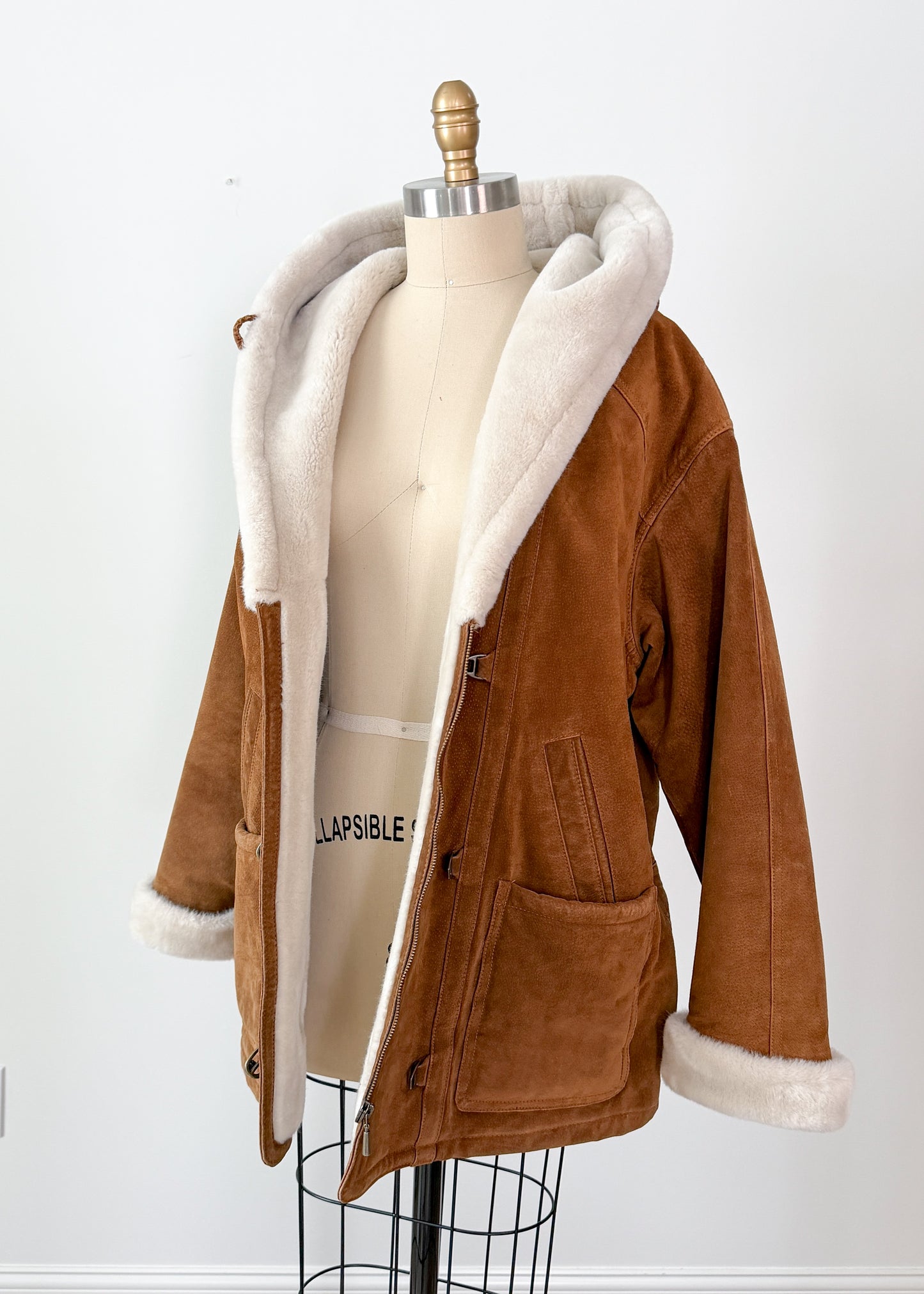 Vintage 90s Brown Suede Leather Faux Fur Lining Winter Coat (L)