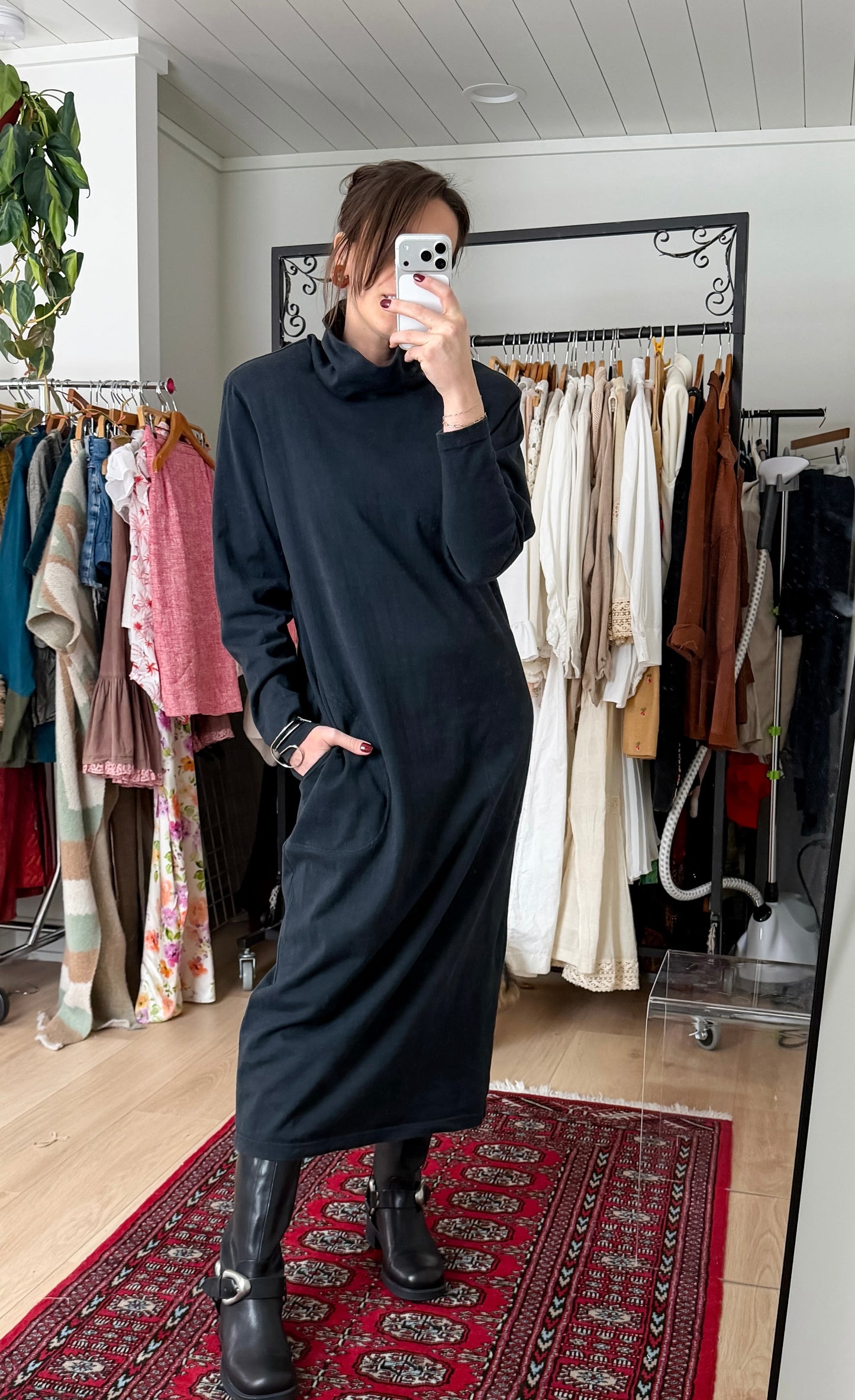 Vintage 80s Banana Republic 100% Cotton Knit Black Structured Shoulder Dress (L)