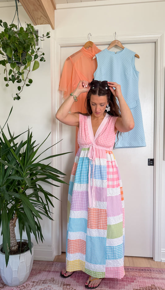 Vintage 70s Mr. Hank Patchwork Gingham Folk Prairie Maxi Dress