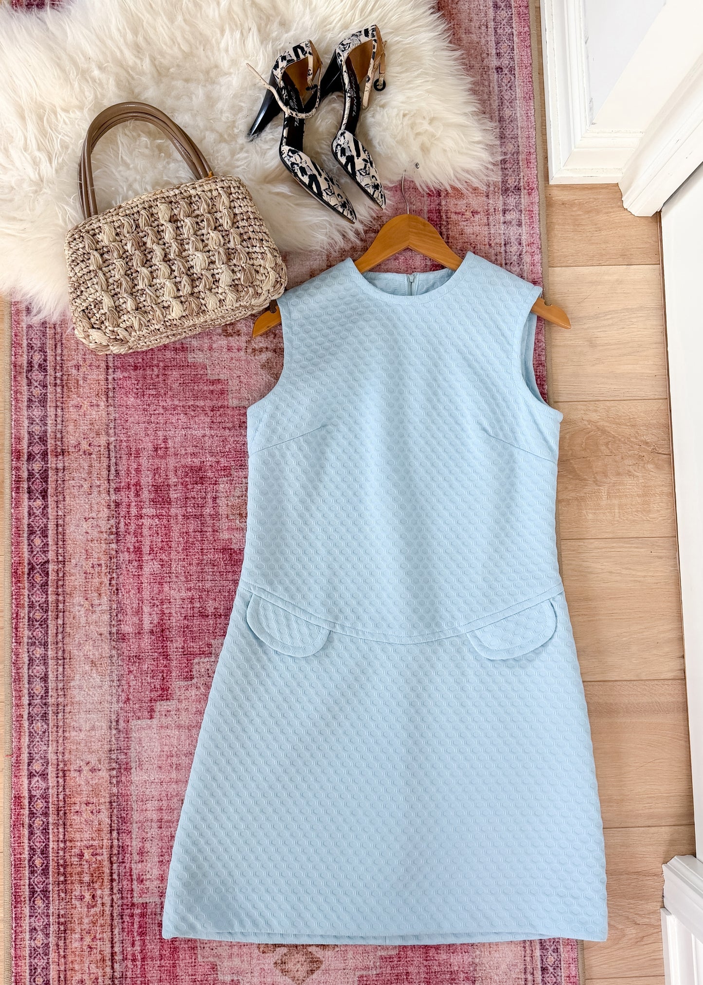 Vintage 60s Fritzi of California Baby Blue Mod Textured A-Line Dress