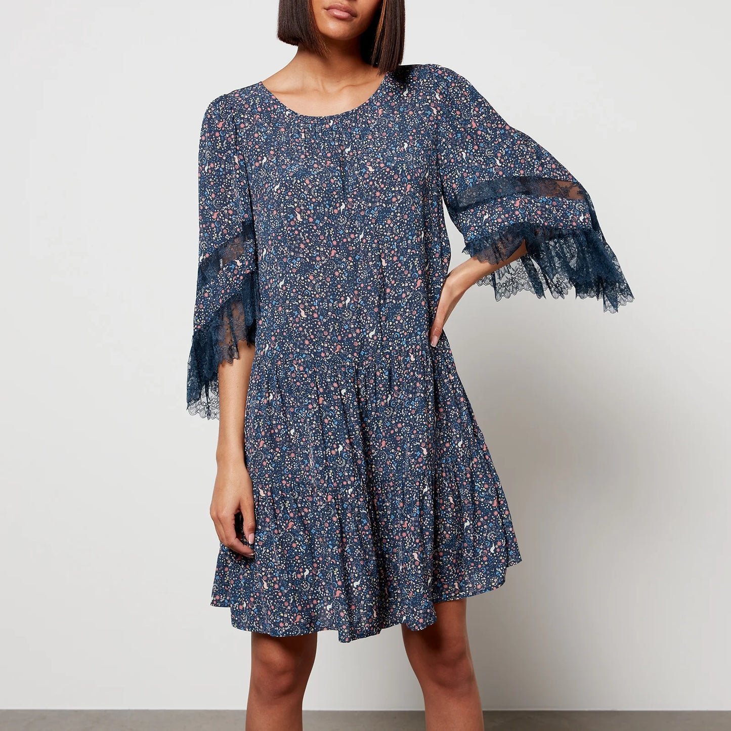 See by Chloe Navy Floral Lace Sleeve Dress (FR 36 or US 4)